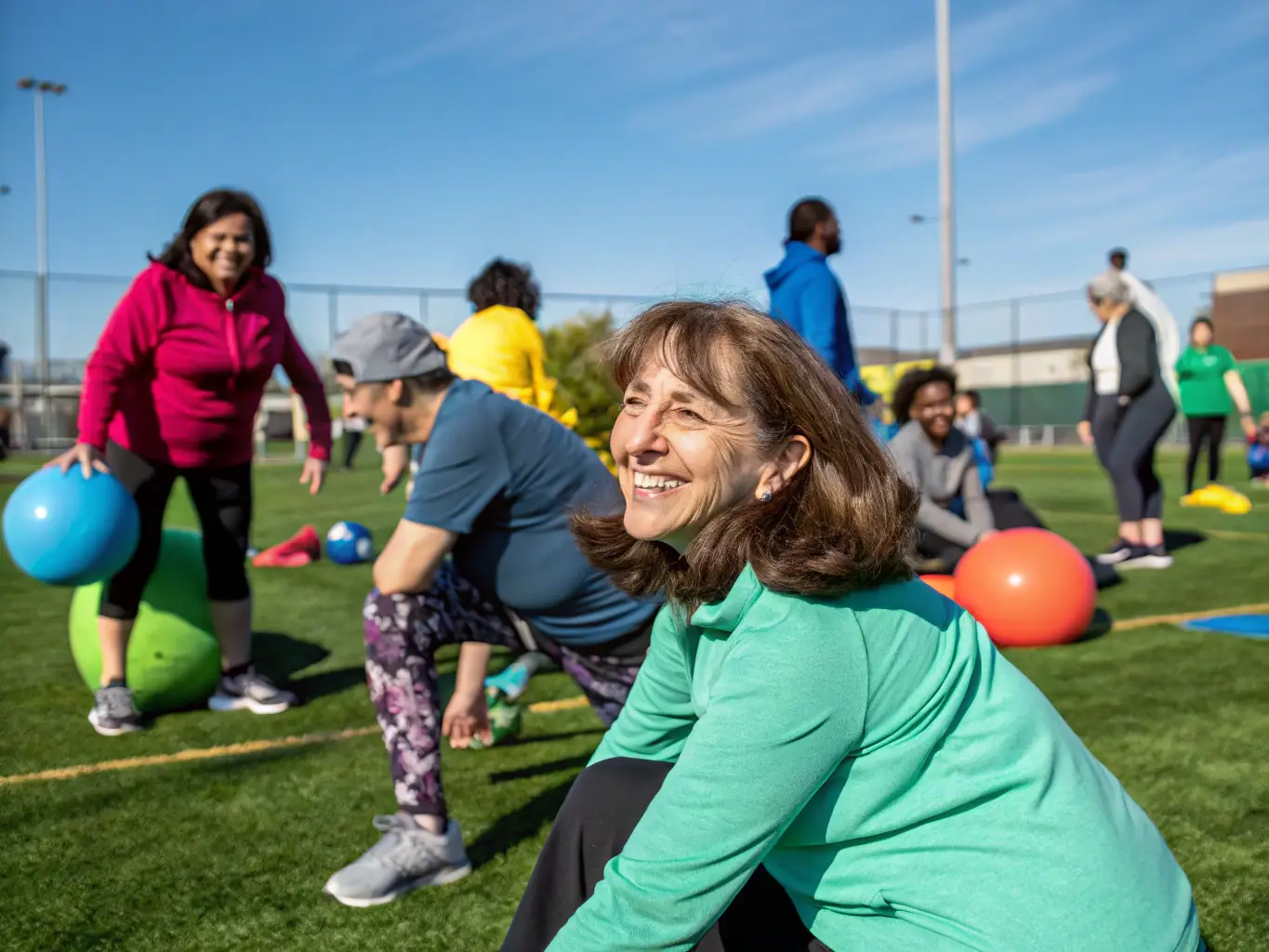 A diverse group of people participating in a community sports event, highlighting inclusivity and social interaction.