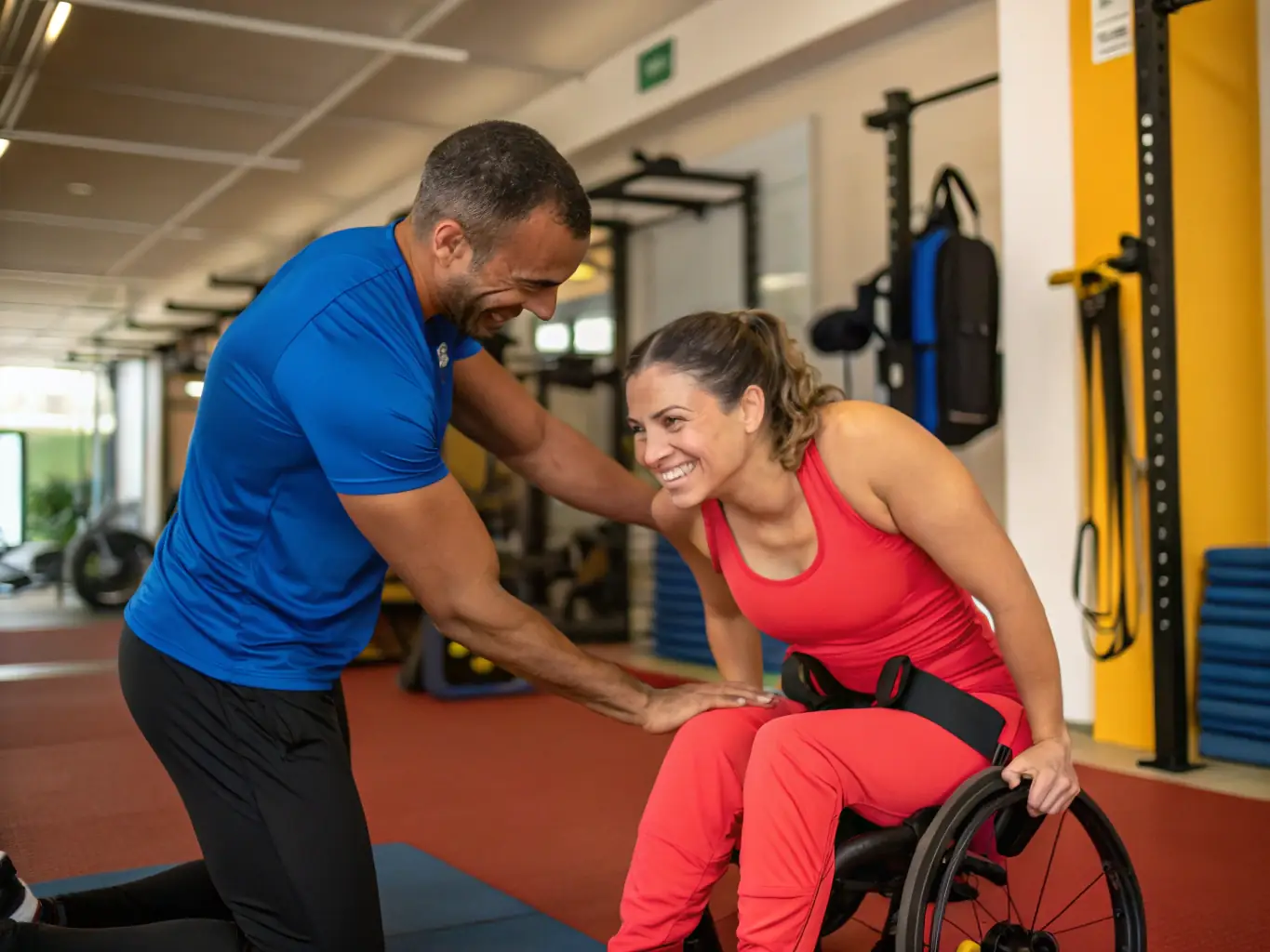 A person with reduced mobility using adaptive equipment in a fitness class, demonstrating strength and determination.